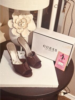 GUESS Brown Patent Leather Open-Toe High Heel Mules